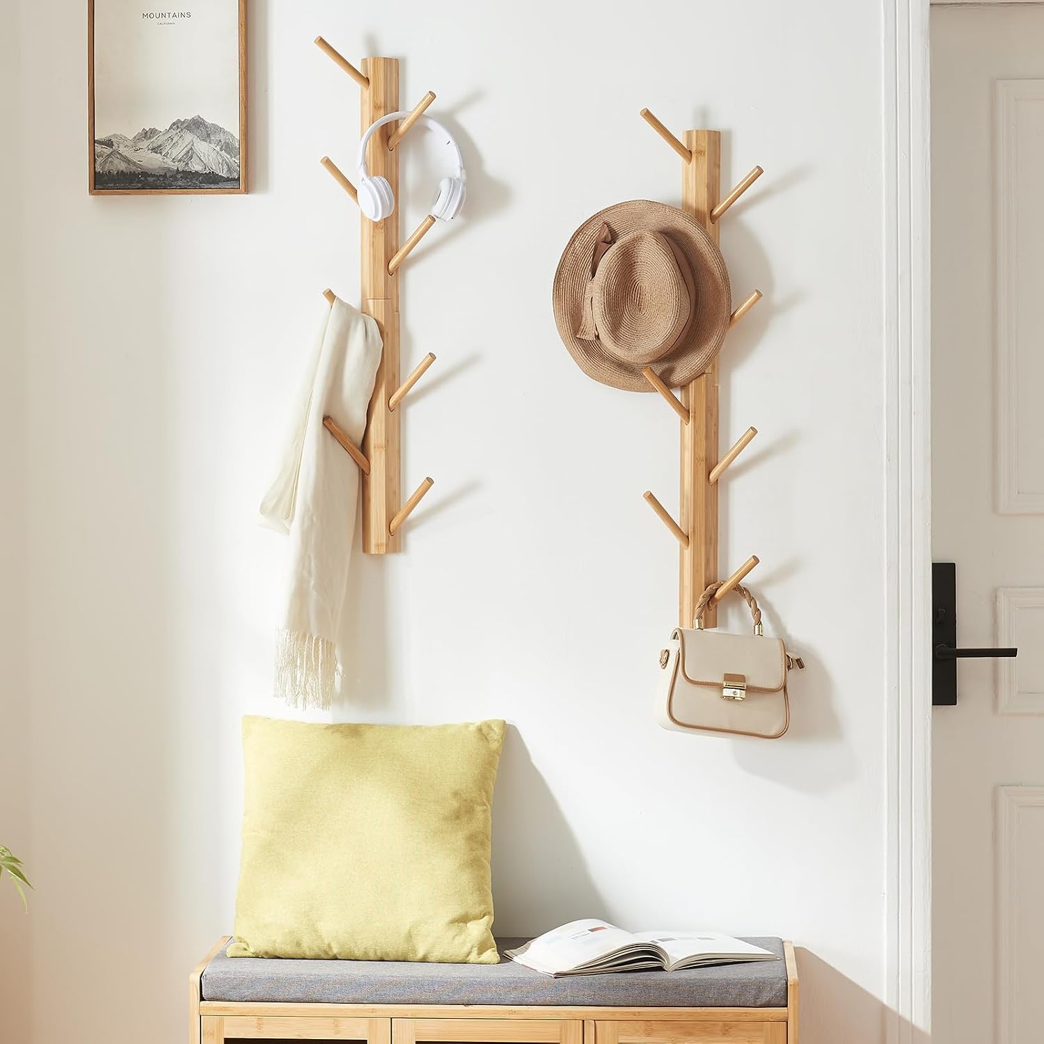 2-Pack Vertical Wall Mount Coat Rack for Clothes and Hats, Natural | Bamboo construction, 16 polished hooks, max 50 lbs