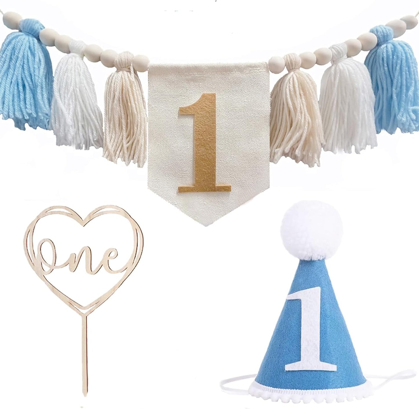 First Birthday Party Decorations Highchair Wood Bead Tassel Garland 1st / Khaki Banner / Blue