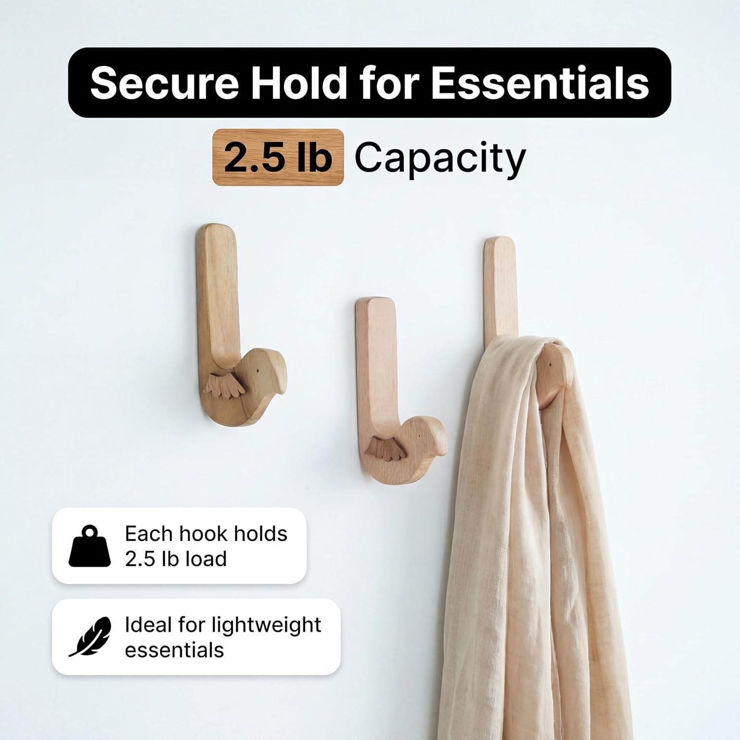 Bird Wood Wall Hooks -Decorative Adhesive Hooks for Hanging Keys