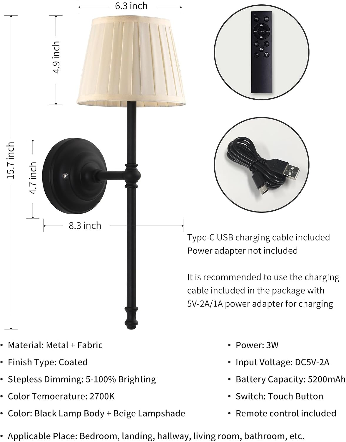 KDG Black Cordless Wall Sconces Set of 2, Beige Fabric LED Wall Lamps | Wireless Small Rechargeable Battery, Portable