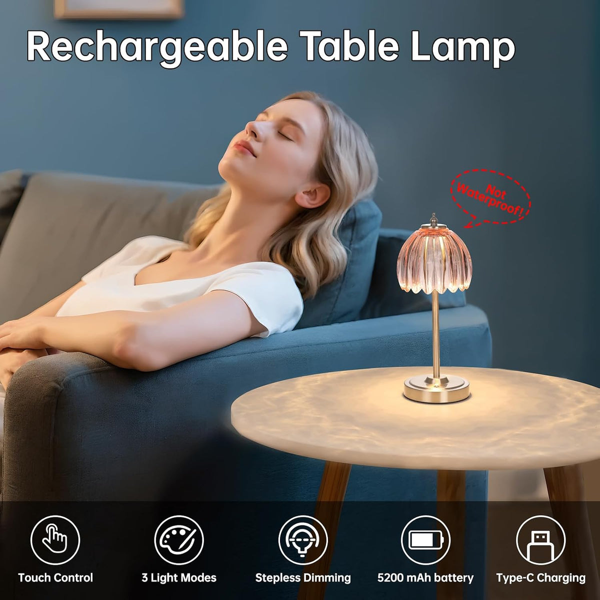 Shenmoyl Tulip Table Lamp with 5200mAh Battery & Touch Control, Cordless Small Table Lamp with 3 Colors, Dimmable