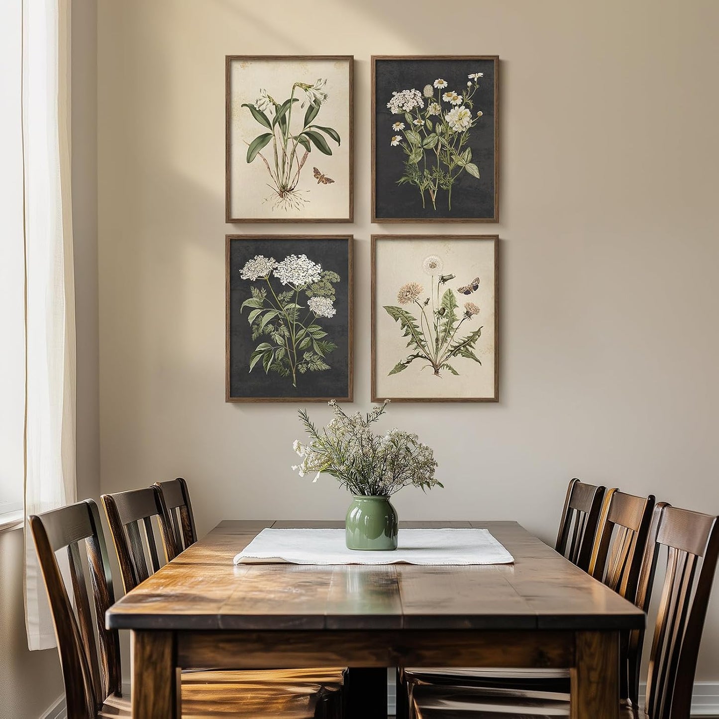 Neutral Flower / 11" W x 14" H x / Vintage - Walnut Framed / Set of 4