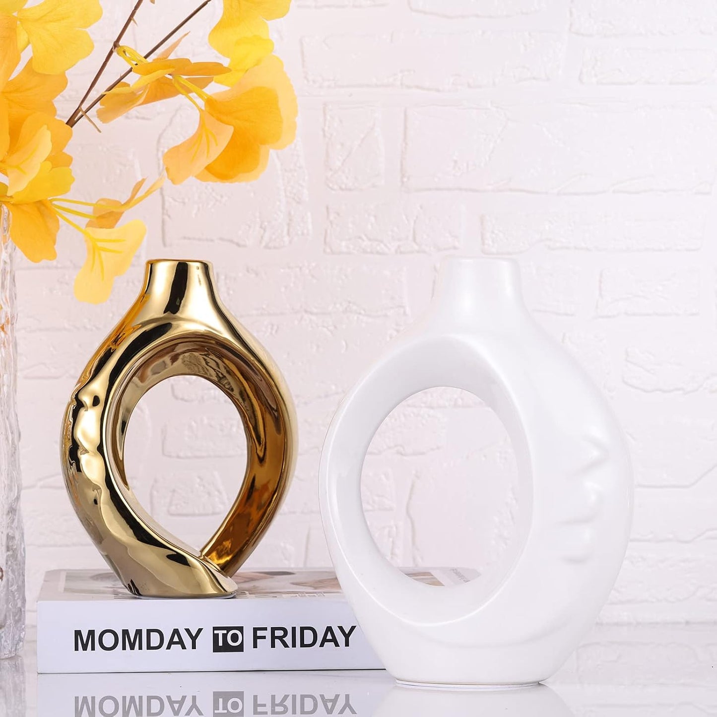 Ceramic Vases / Boho Vase for Flowers Pampas Grass Decorative / White and Gold