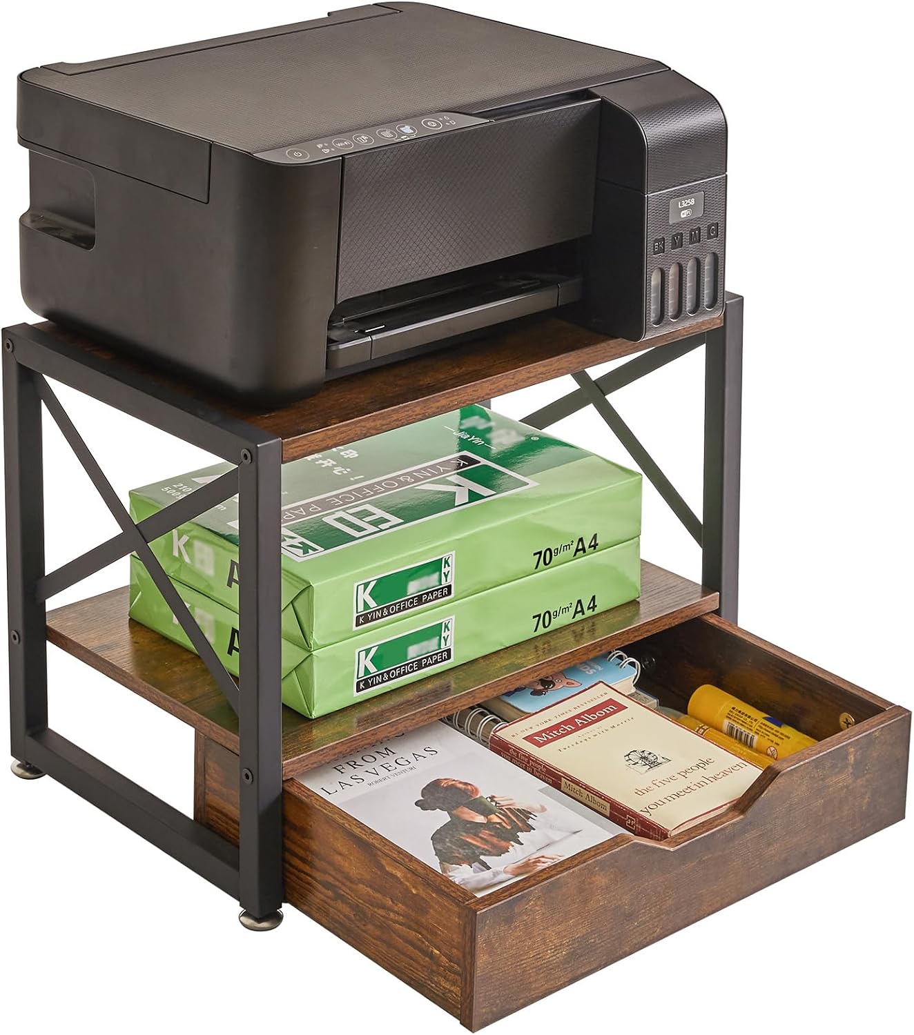 IBUYKE 2 Tier Desktop Printer Stand with Drawer Storage TLJ006H | Multi-Purpose Desk Organizer,Wooden Printer Stand for