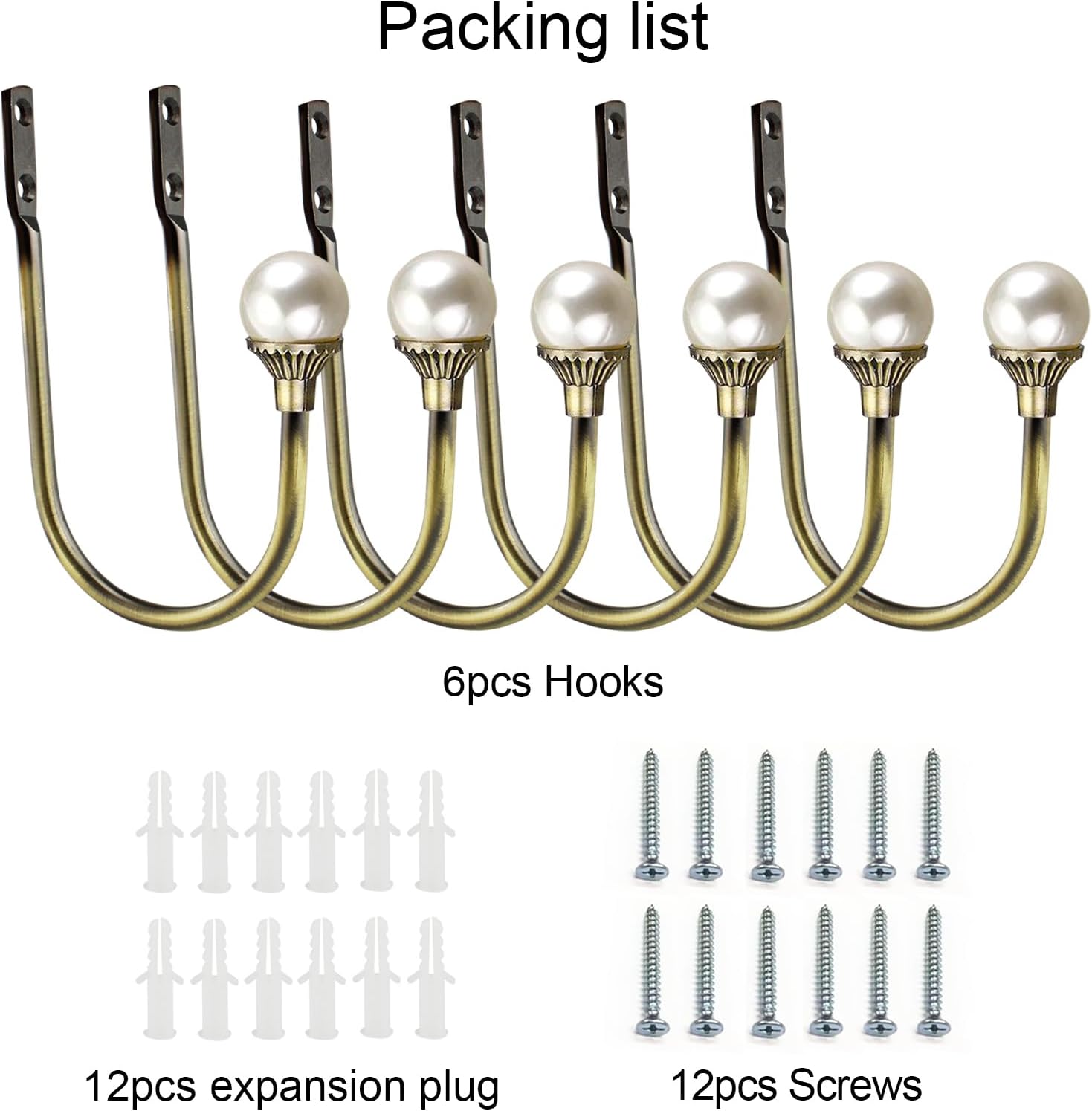 6 Pack Curtain Holdbacks Wall Mounted Curtain Tiebacks Hooks Plastic Pearl U Shape Curtain Tiebacks with Screws Curtain