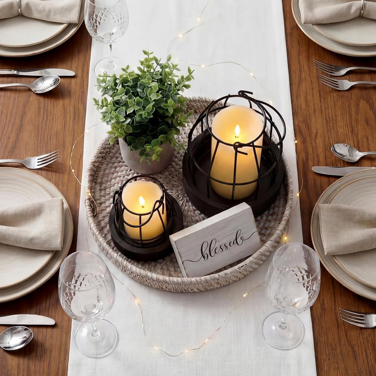 Modern Rustic Farmhouse Candle Lantern Set of 5, Small, Black, Brown | Decorative Lanterns Centerpieces with Tray for