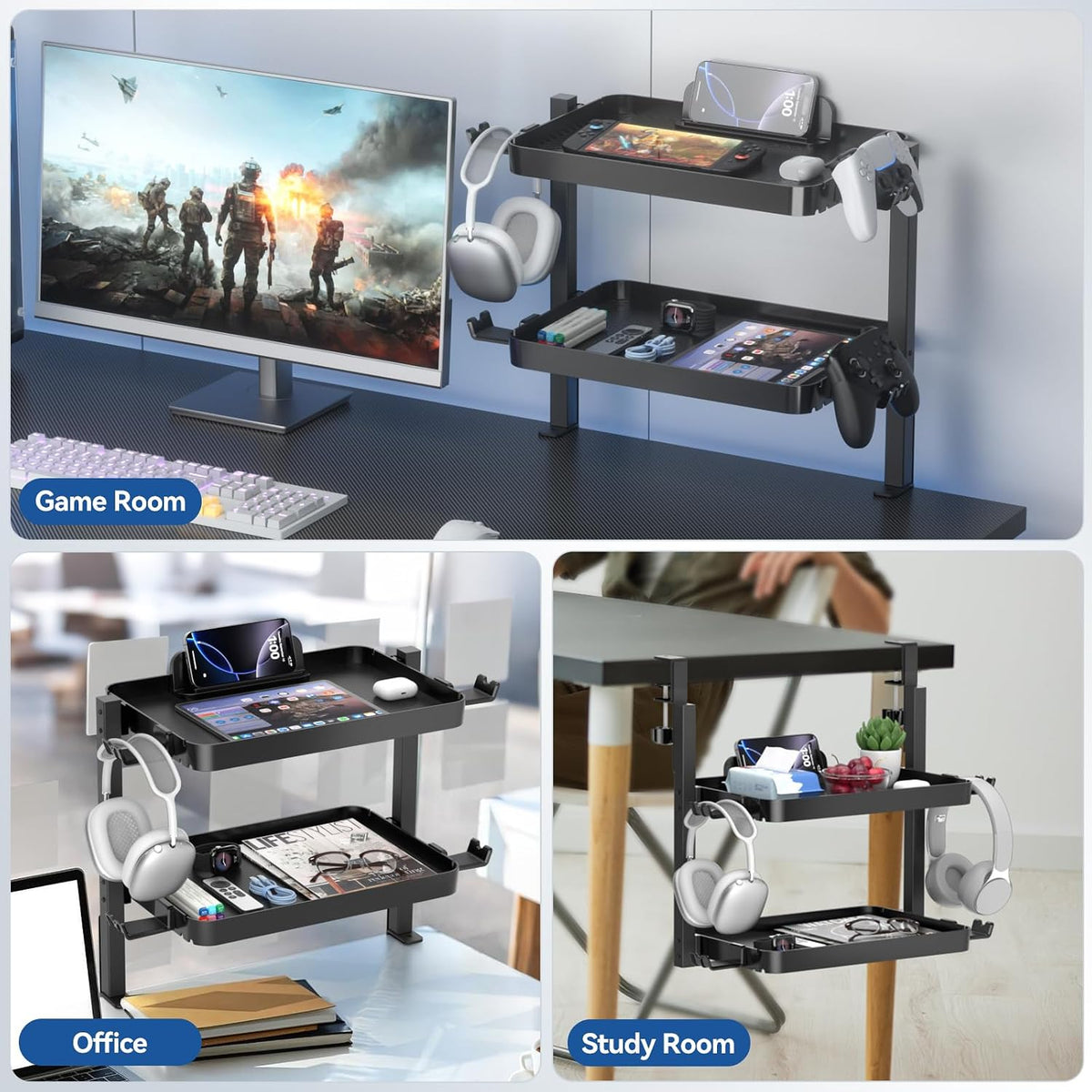 KDD Clamp On Desk Organizer - Adjustable 2-Tier Above or Under Desk Shelves with Large Capacity Tray, Phone & Tablet