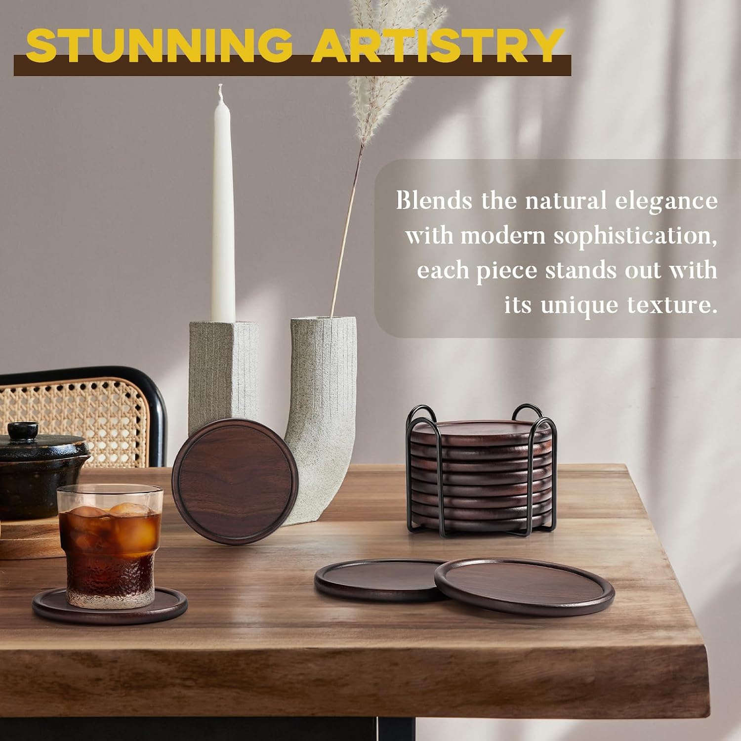 Walnut Wooden Coaster Tabletop Protection for Drinks Coffee / Coasters with Metal Holder / Set of 8