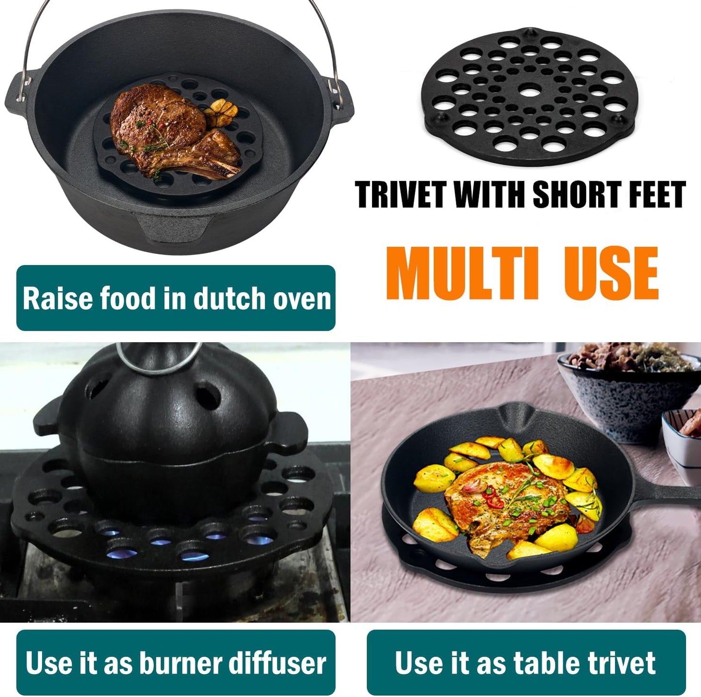 Cast Iron Trivet 2 PCS Set, 8-inch, Meat Rack, Cast Iron Grate for Dutch Ovens, Raise Food in Dutch Oven, Used as
