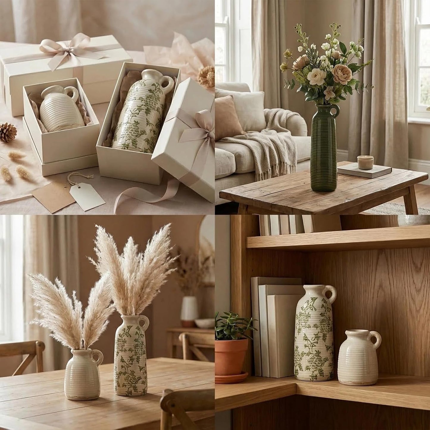 Ceramic Vases / Farmhouse Country Flower Vase Home Decor / Green Flower / Set of 3