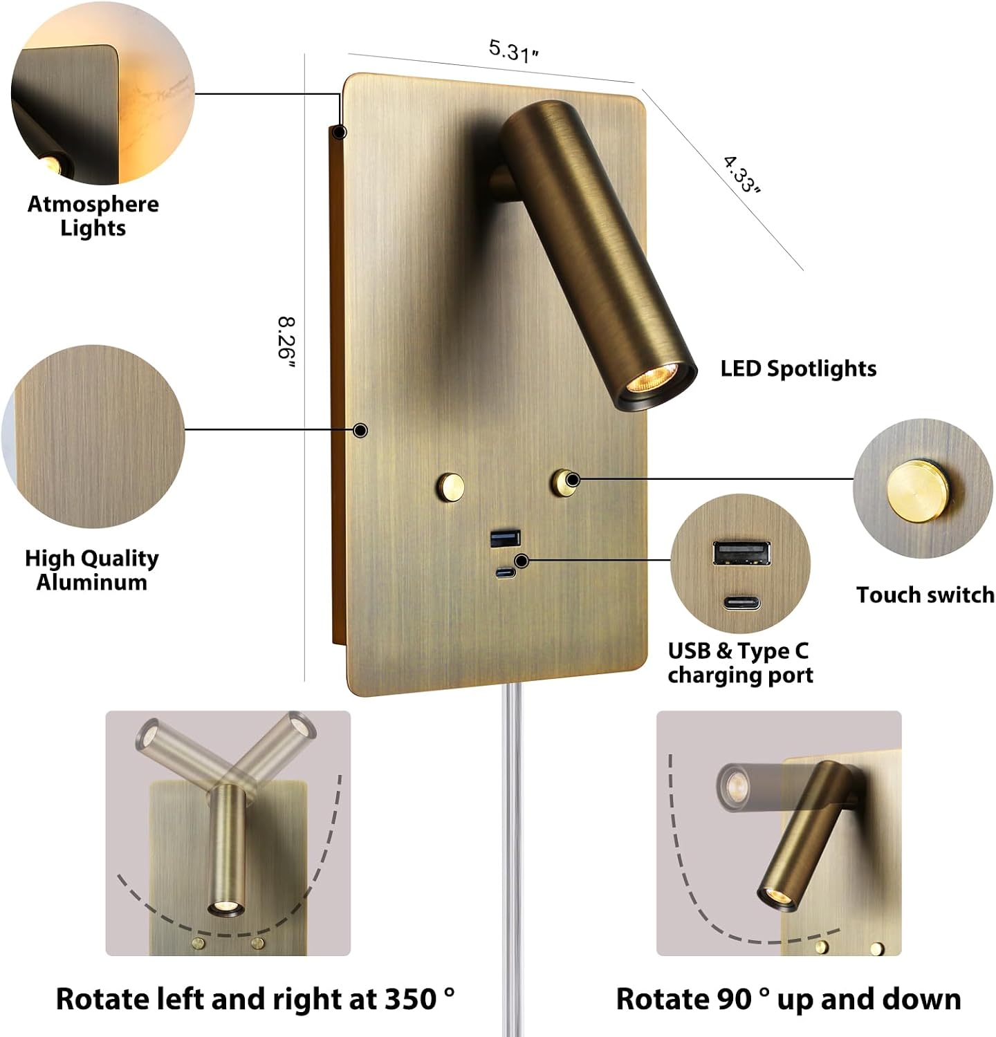 ZEROUNO Wall Mounted Reading Light Set of 2,Dimmable Adjustable Headboard Plug in Wall Sconce with USB A+C Ports,Touch
