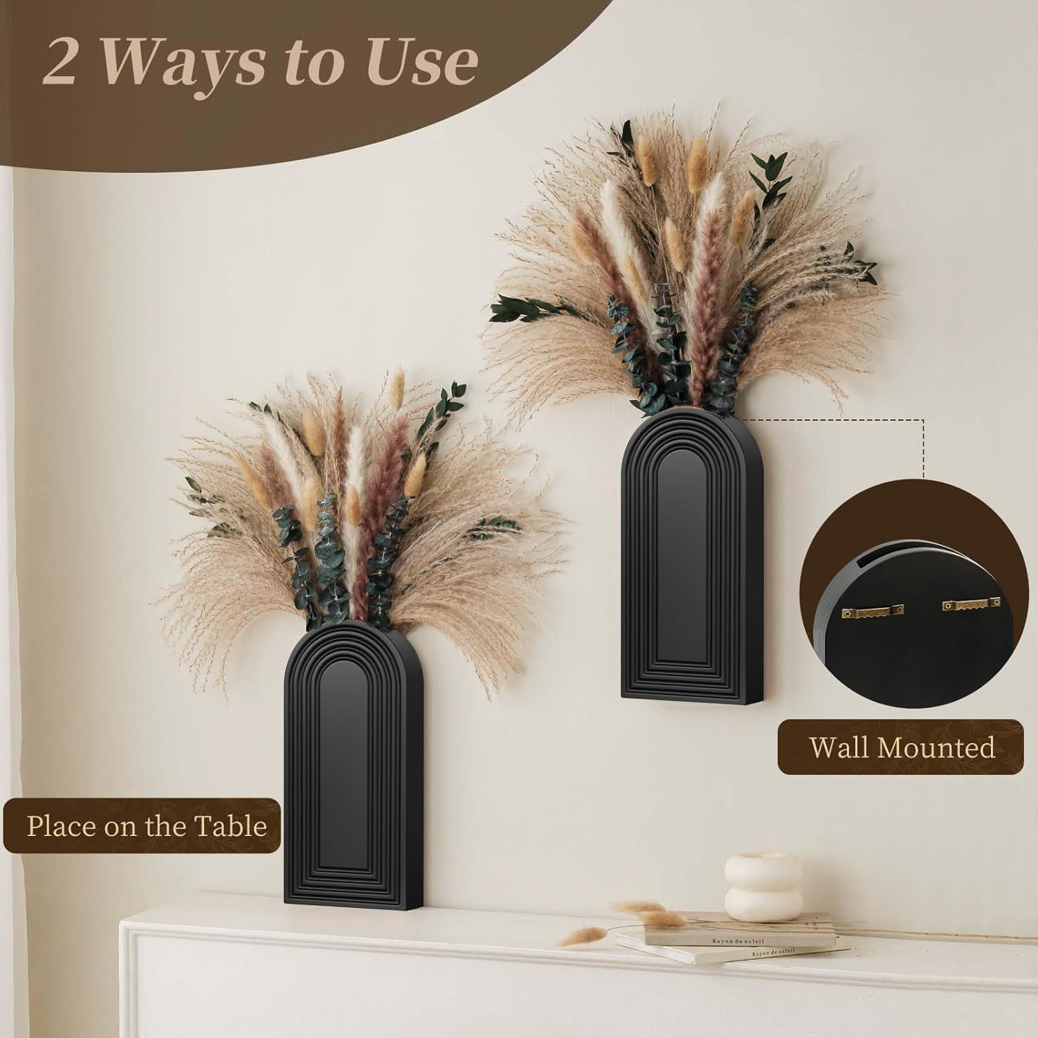 Wooden Wall Vase Set / Black with Dry Flowers / Set of 2