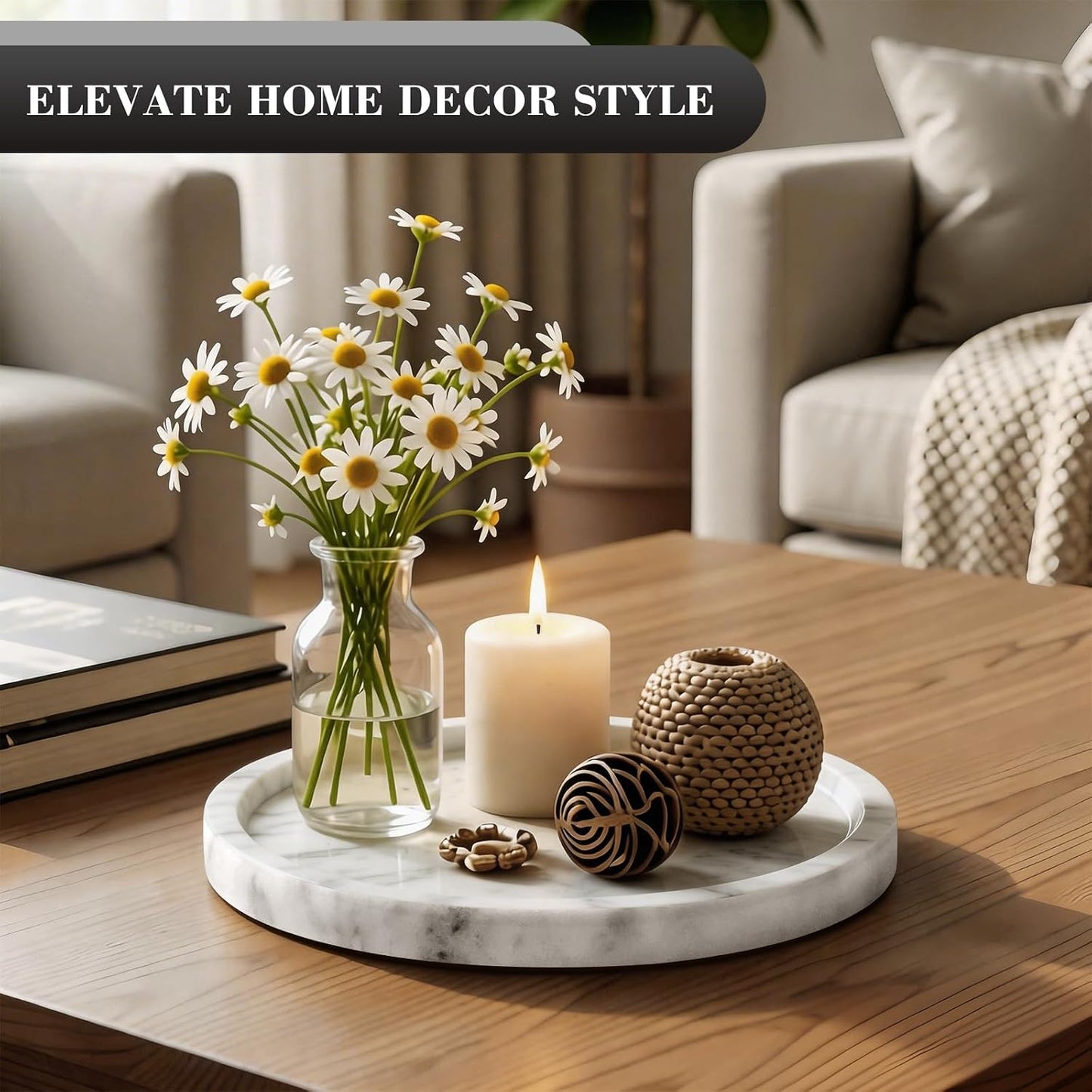Natural Round Marble Tray / White