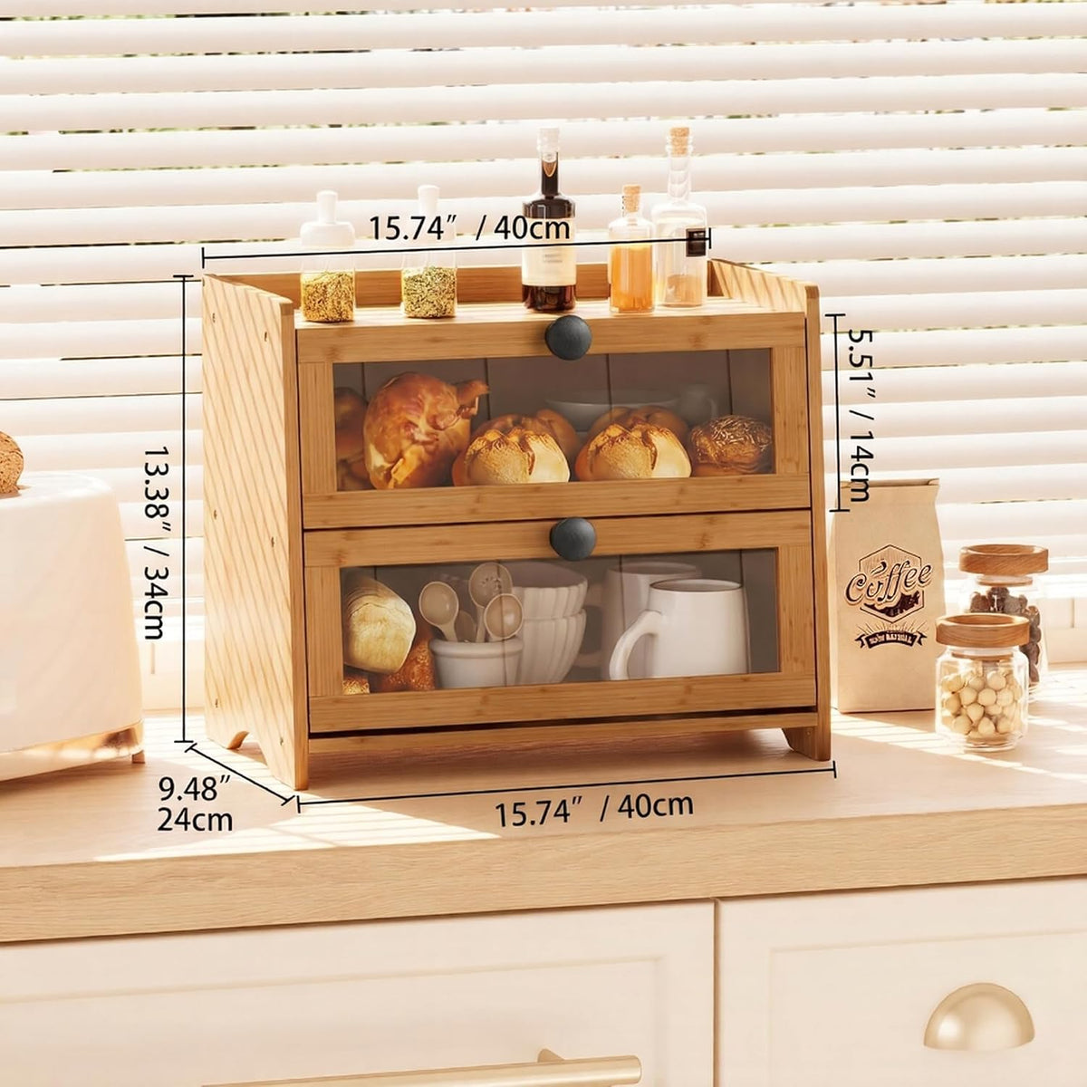 BAMBANG Bread Box for Kitchen Countertop, Extra Large Bamboo Bread Storage Container for Homemade Bread, Double Layer