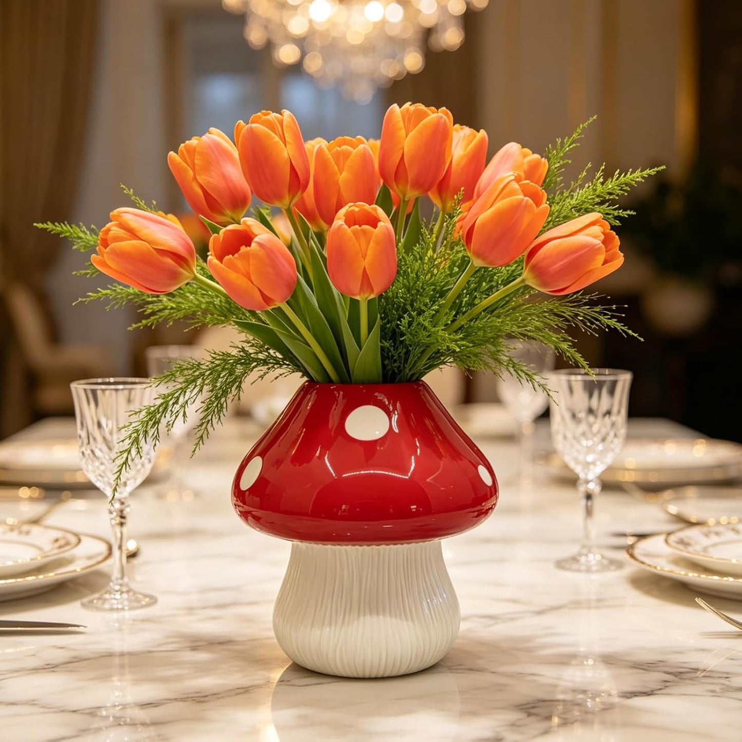 Mushroom Ceramic Flower Vase / Red&white - H6.8