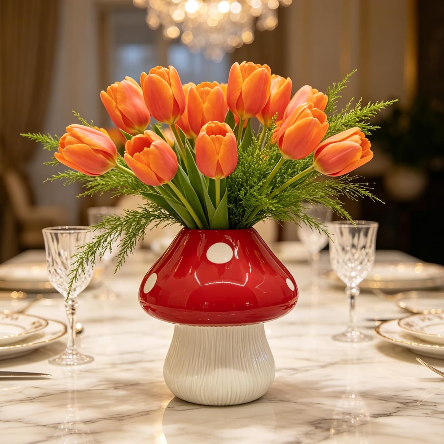 Mushroom Ceramic Flower Vase / Red&white - H6.8
