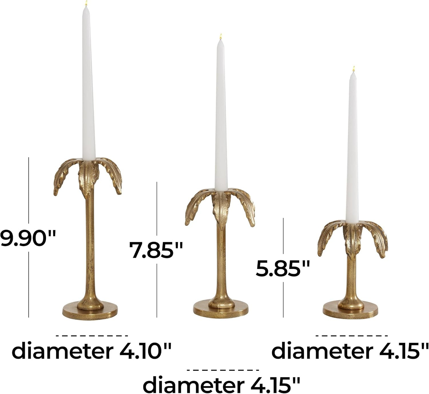 Deco 79 Aluminum Metal Decorative Candle Holder Palm Tree Candle Stand, Set of 3 Candlestick Holder 6", 8", 10"H, Gold