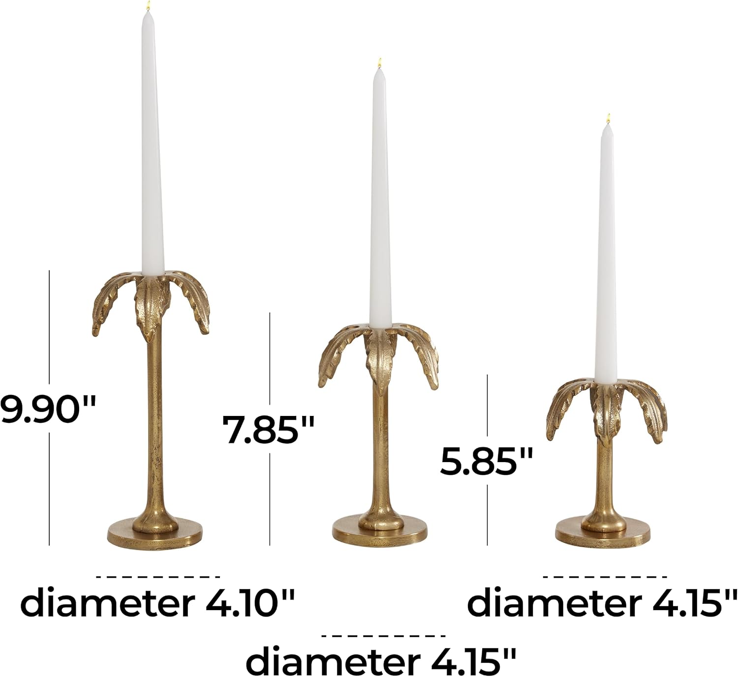 Deco 79 Aluminum Metal Decorative Candle Holder Palm Tree Candle Stand, Set of 3 Candlestick Holder 6", 8", 10"H, Gold