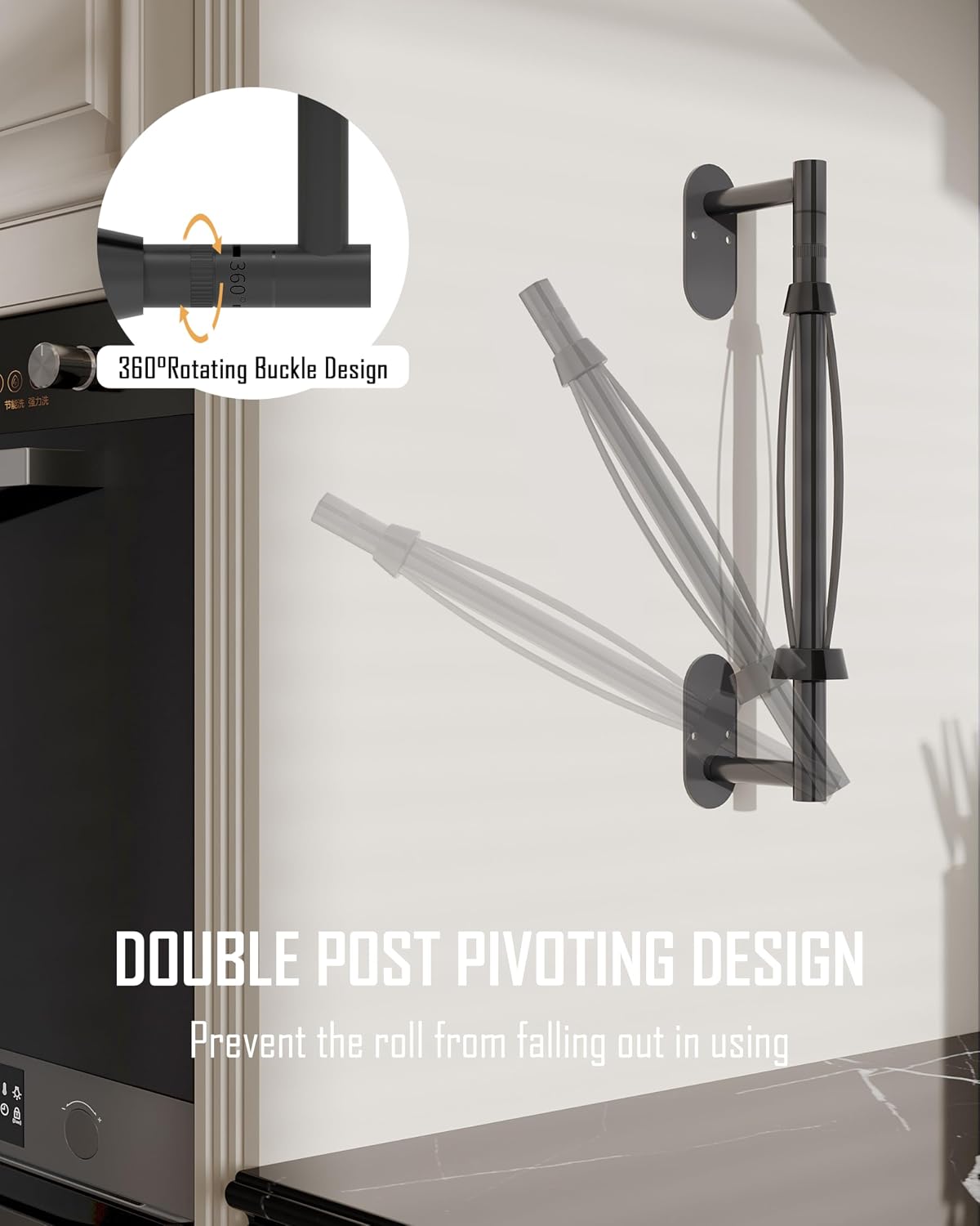 Paper Towel Holder Under Cabinet One Hand Operable, Matte Black | Round Base,Damping Effect, Drill Wall Mount or