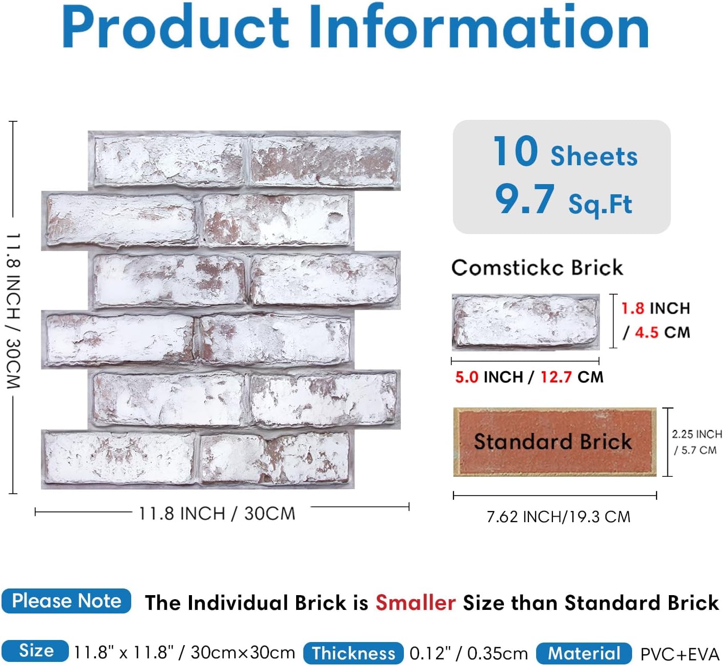3D Peel and Stick Faux Brick Wall Panels for Quick DIY Wall Decor | Retro Gray White, 10 Pcs 11.8" x 11.8", Not Real
