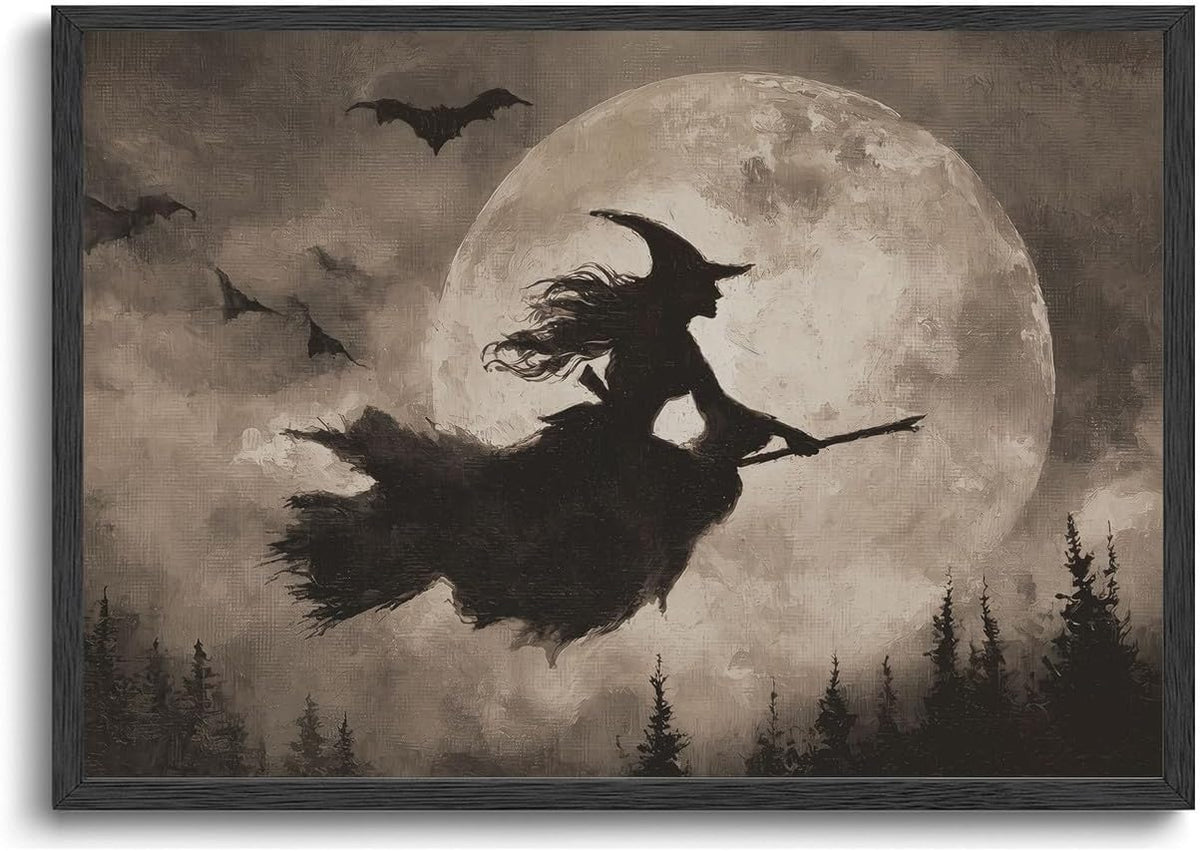 ILLBDR Halloween Flying Witch Canvas Wall Art Poster 16x24 inch