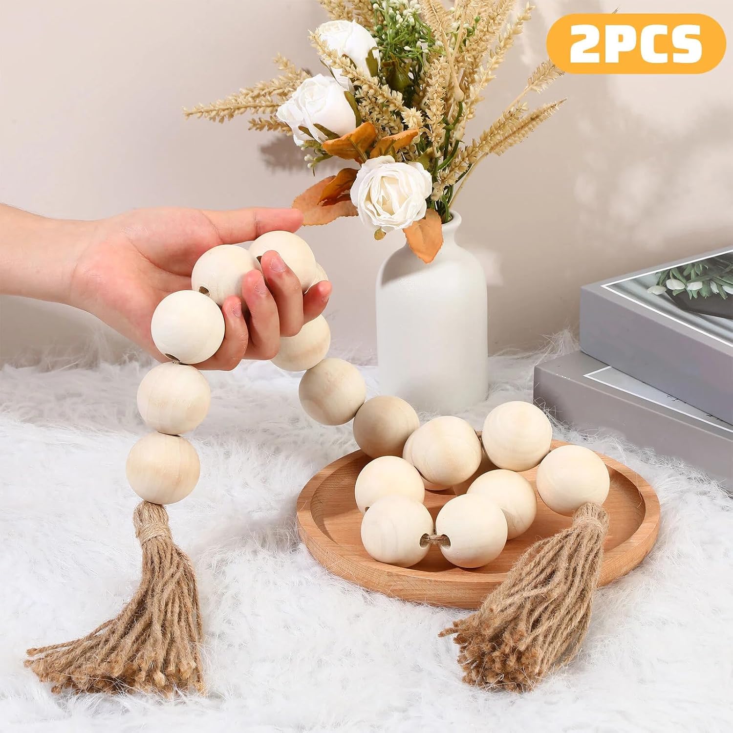 Large Wood Bead Garland / White / Set of 2