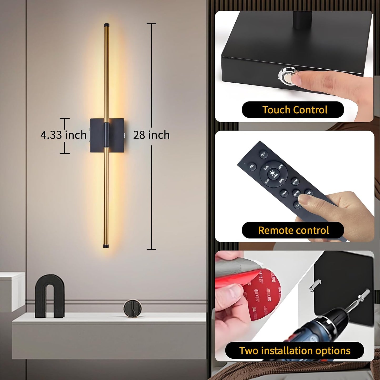 15800 mAh Battery Operated Wall Sconces with Remote Control Dimmable Wall Sconces Set of Two 3000K LED Brass Gold and
