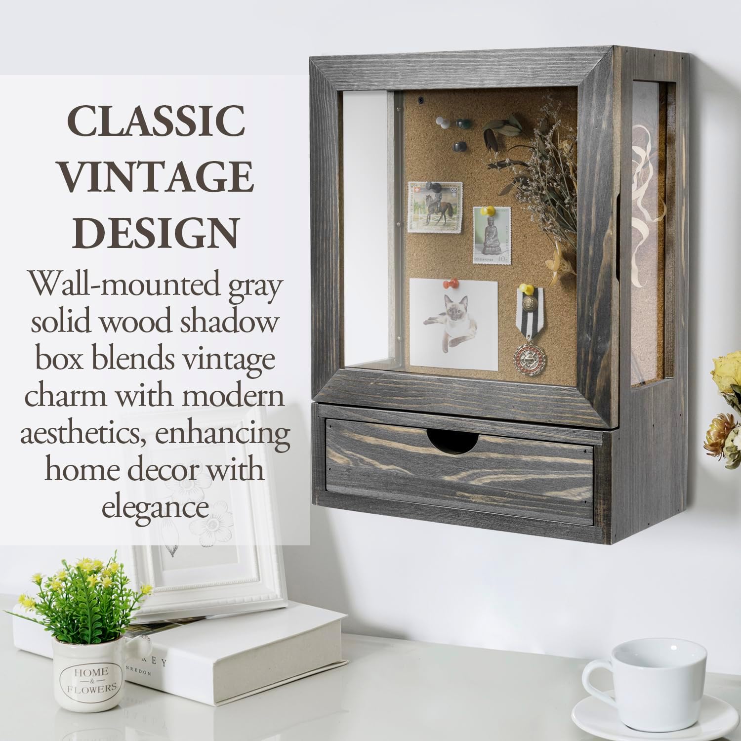 MyGift Deep Shadow Box Frame with Cork Back and Bottom Storage Drawer, Shadow Box Display Case Wall Mounted, Clear