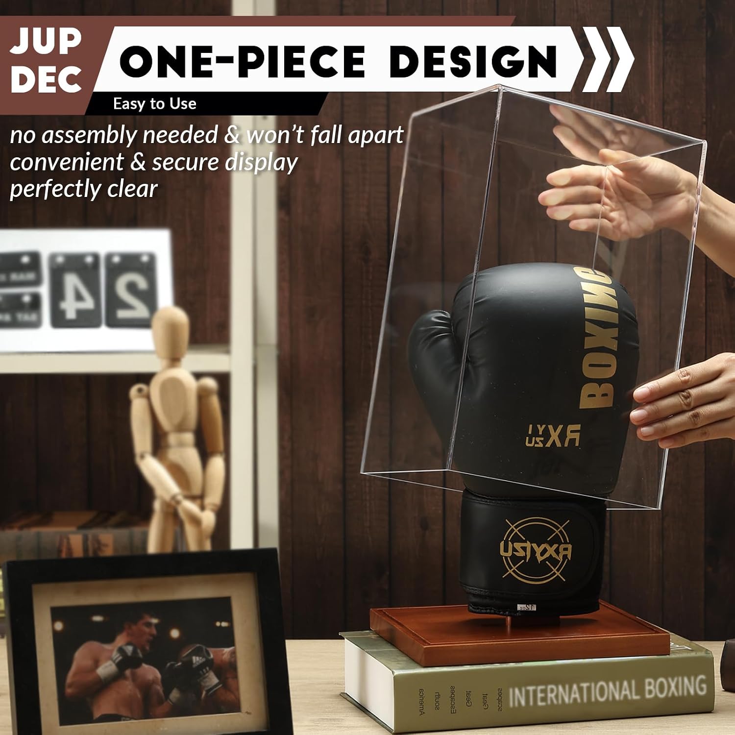Boxing Glove Display Case, Clear Acrylic Showcase with Wood Base & Plank for Single Glove, Full Size UV Protection