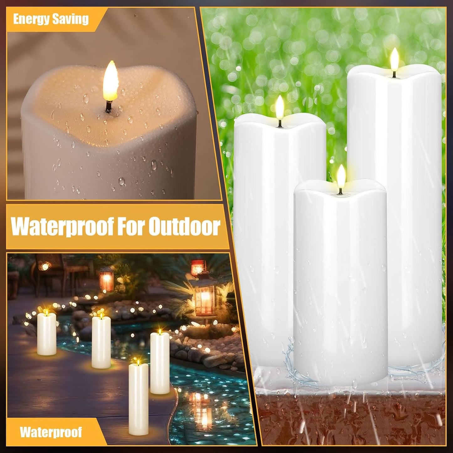 Rossesay 8" 10" 12" 14" x 4" Large Waterproof Outdoor Flameless Candles, 4 Pcs LED Pillar Candles with Remote and