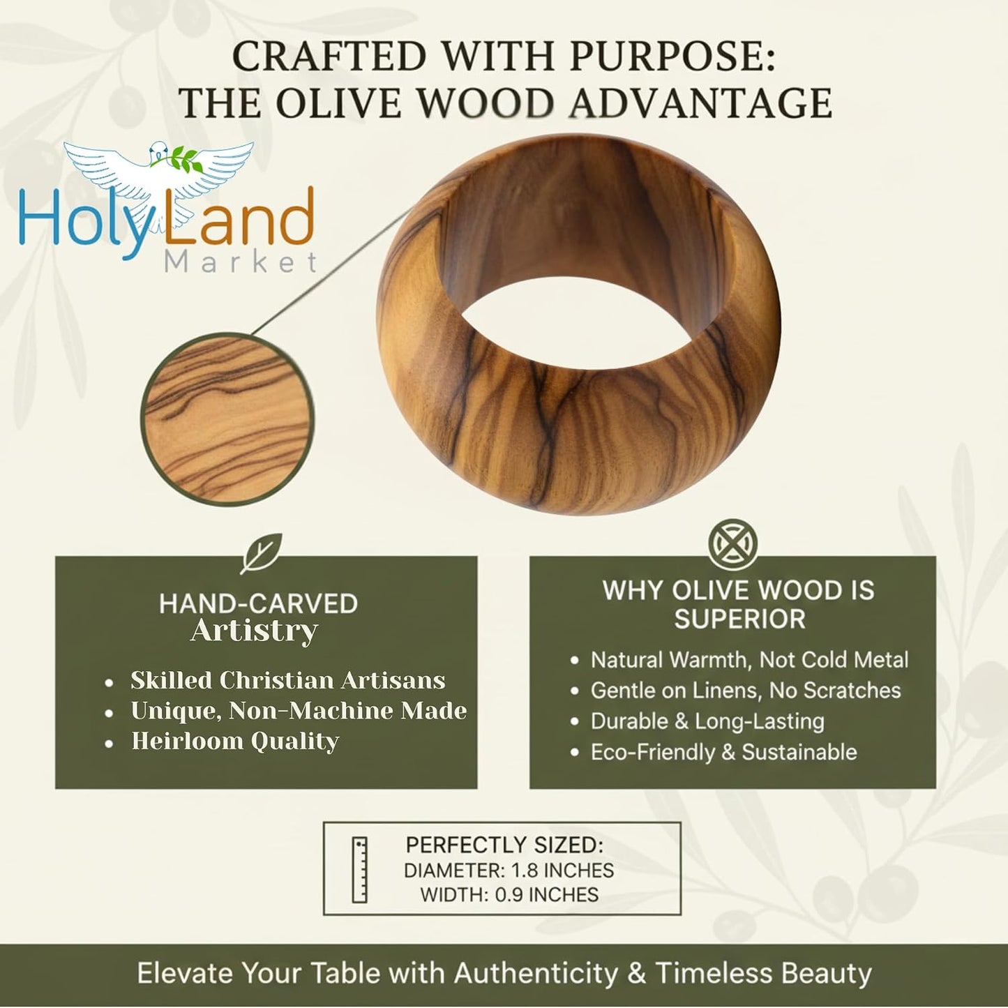 Holy Land Market Hand Carved Olive Wood Napkin Rings Set of 8 Bethlehem | 8 Rings, 1.8 Inch Diameter, 0.9 Inch Wide