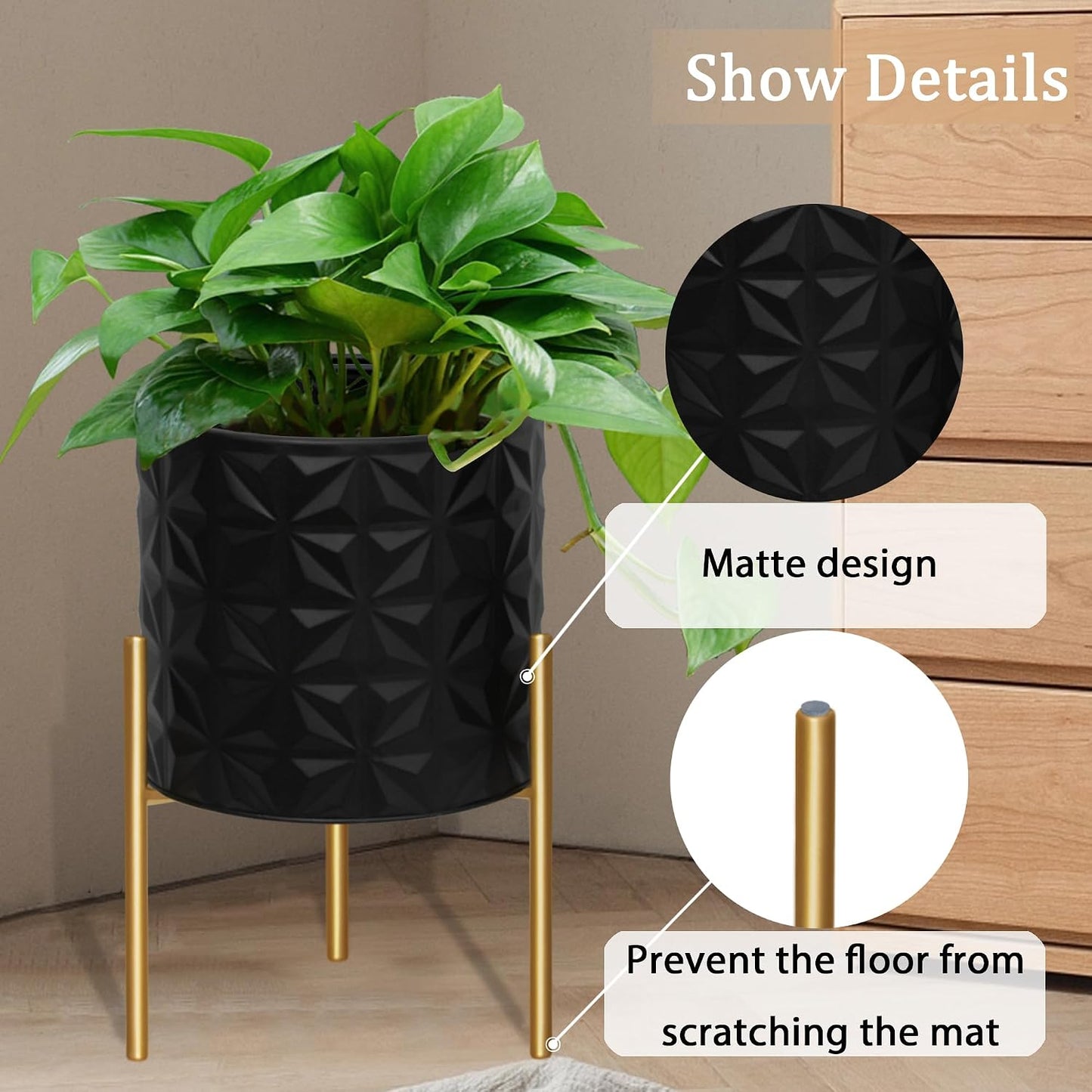 ARNIS Modern Planter Pots, Set of 2 Large Planters with Stand, Decorative Planters, Metal Pots with Drainage Holes for