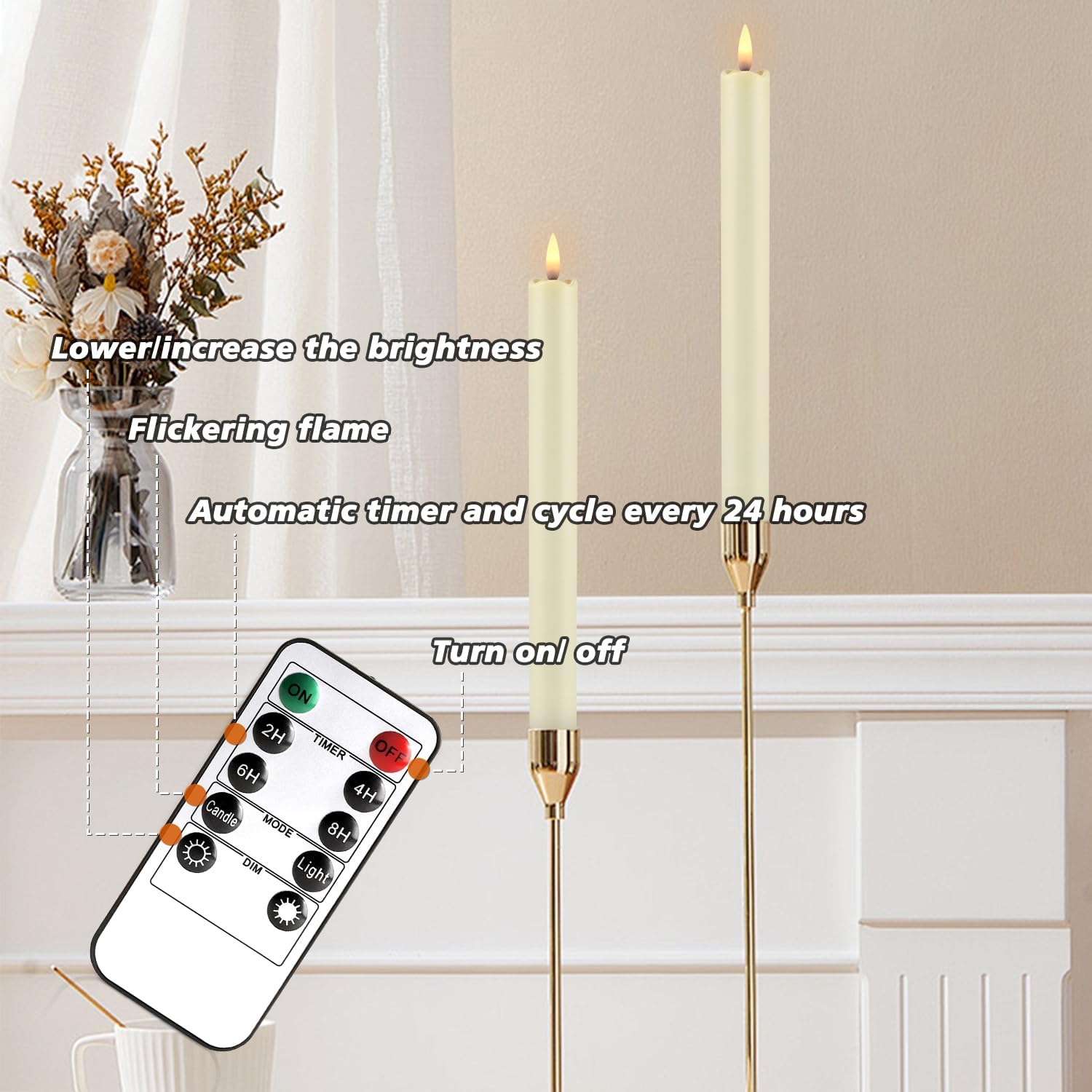 YOROXRG 24 Pack LED Flameless Taper Candles with Timer, Dripless Fake Candlesticks with 3D Flickering Flame, 9.6 Inches