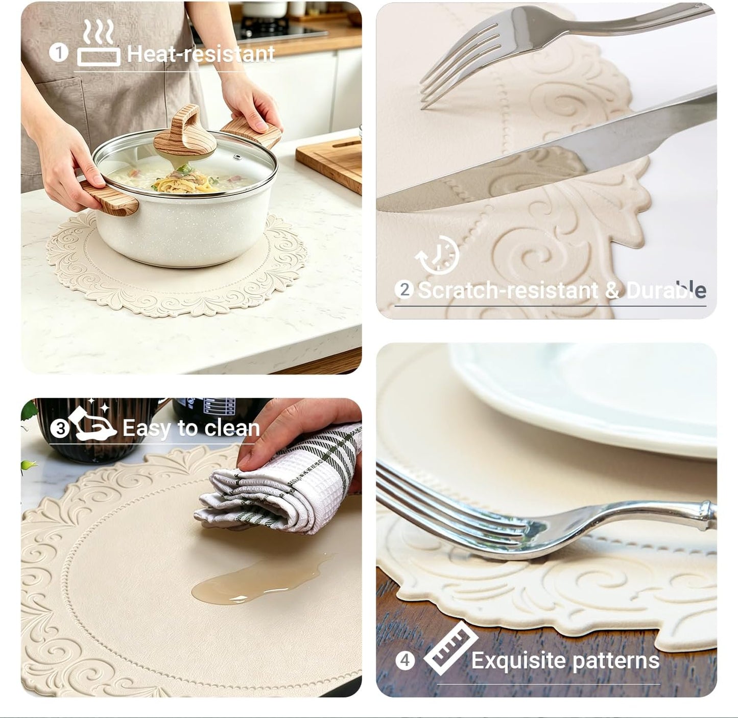 Round Faux Leather Placemats Set of 6, Dining Table Mats, Beige | Engraved Texture, 15 Inch Diameter, Waterproof and