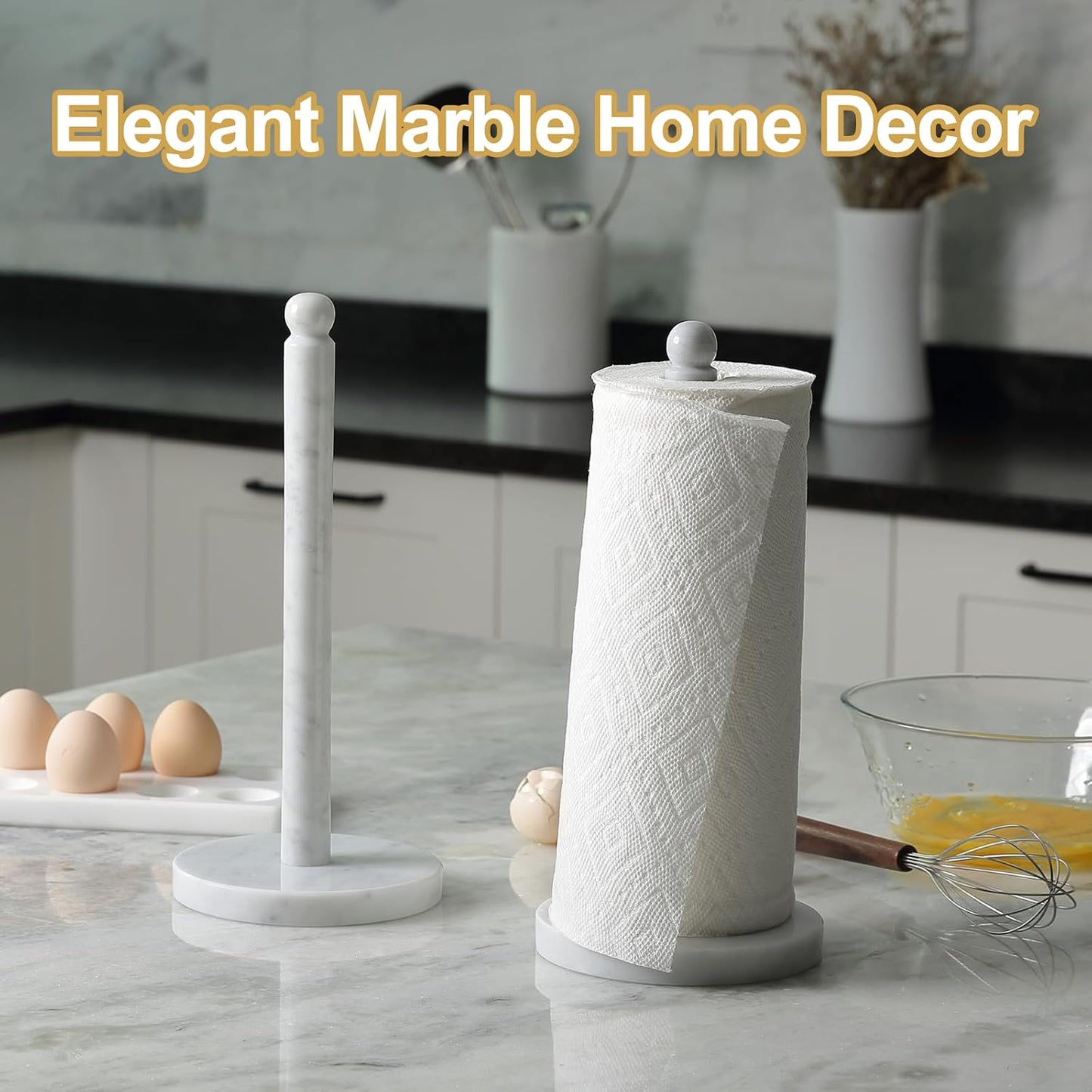 Carrara Marble Paper Towel Holder Countertop, 6" Genuine Stone Paper Towel Holder Stand for Kitchen Storage, for