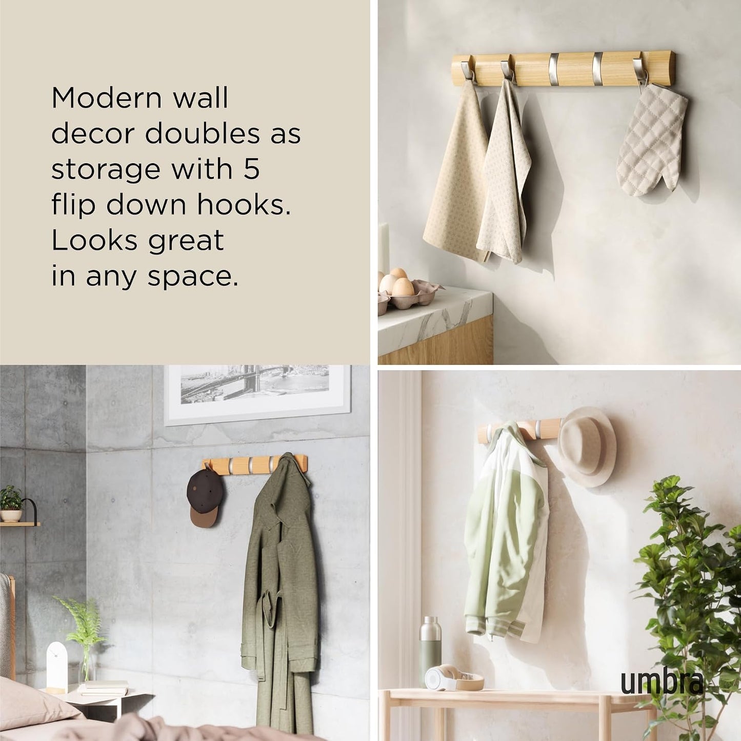 Umbra Flip 5 Wall Mounted Hook | Real wood and steel build, retractable hooks fold flat, holds coats bags and scarves