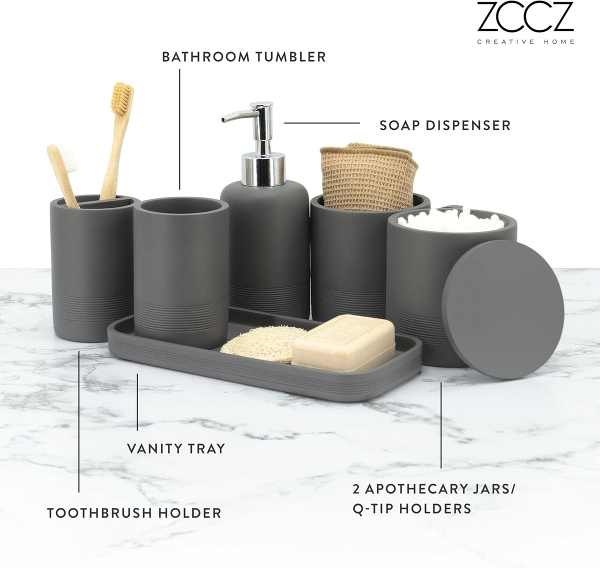 Gray Bathroom Accessories Set 6 Pieces - Toothbrush Holder, Lotion Dispenser, Qtip Container, Vanity Tray, Tumbler