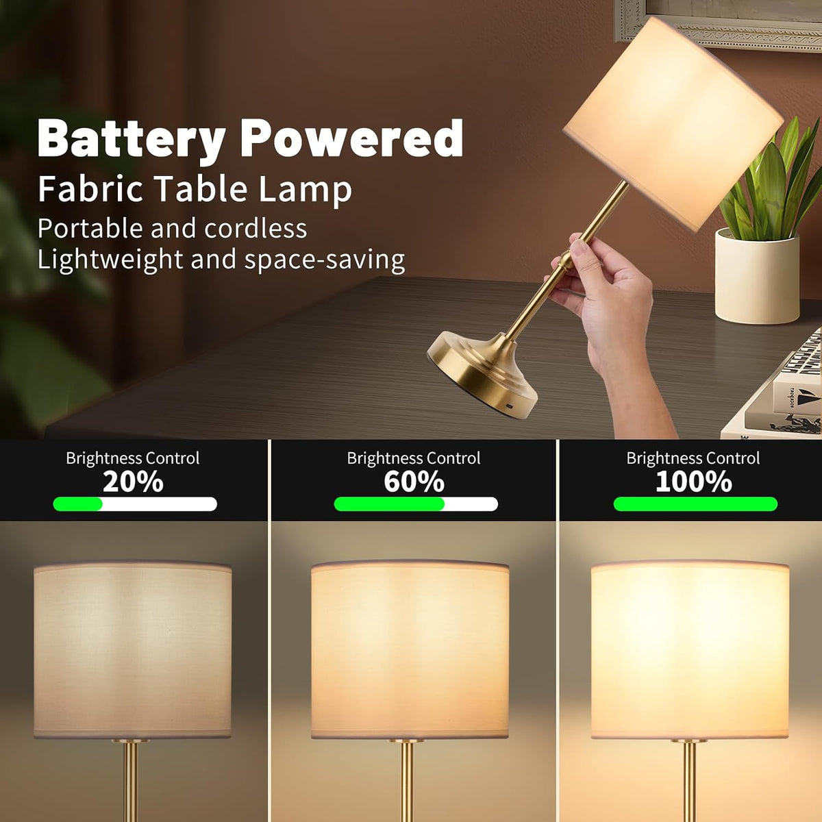 Portable Cordless Table Lamp,Built-in 5200mAH Rechargeable Battery, Dimmable Touch Wireless Light, Bed Side Metal Desk