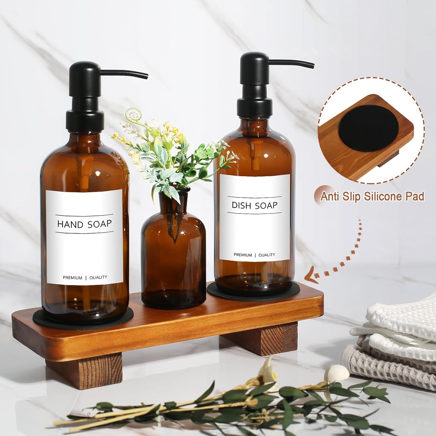 Wood Riser Tray / Amber Bottle + Black Pump