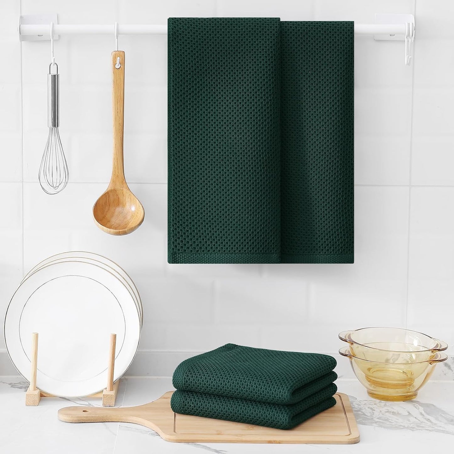 Kitinjoy Cotton Waffle 12-Pack Kitchen Towels, 13" x 28", Blackish Green | Super Soft, Ultra-Absorbent, Fast Drying