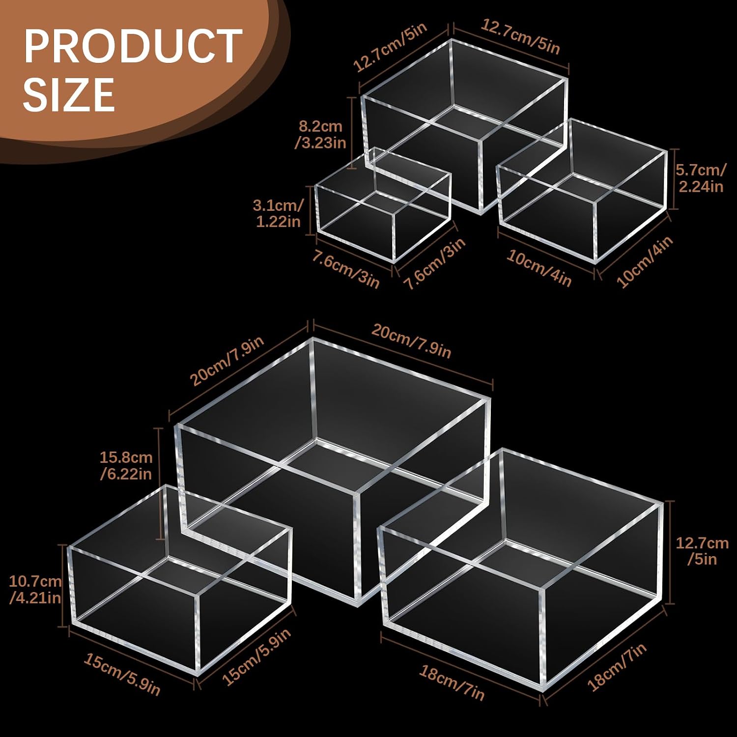 Acrylic Risers for Display Acrylic Cube Boxes Risers / 3 To 8 Inch / Square / Clear / Set of 6