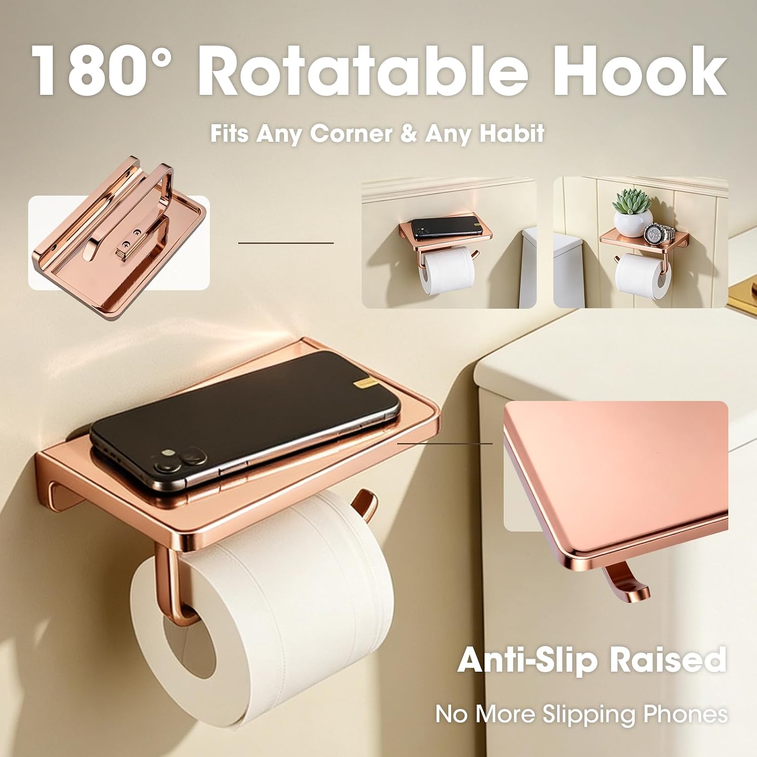 TRUSTMI Toilet Paper Holder with Shelf & Phone Stand, Plated Brushed Gold | Solid zinc alloy holder holds 15 lbs and