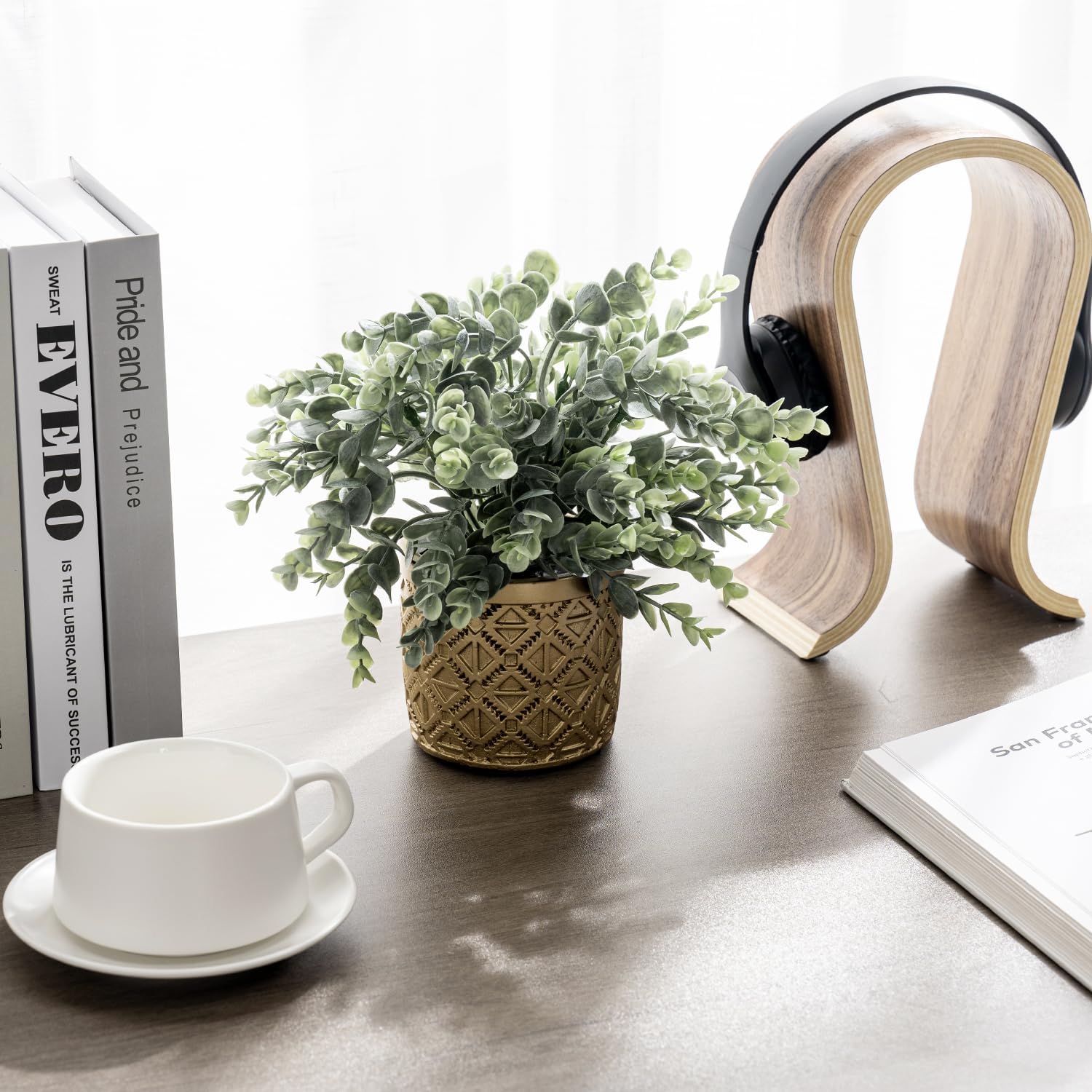 Artificial Eucalyptus Plant in Modern Gray Concrete Pots / Gold