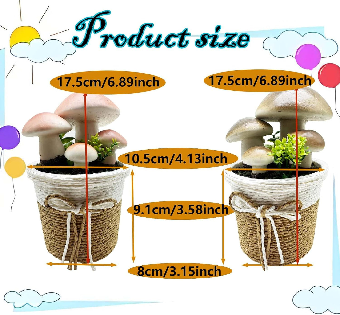Faux Mushroom in Pot Artificial Plant Fake Mushroom Potted Plant / Grey / Set of 2