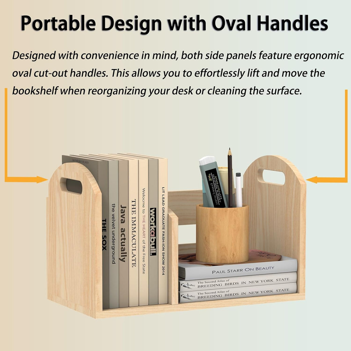 Wood Desktop Bookshelf, Upright Tabletop Book Shelf With Adjustable Divider Secure Books in Place, Desk Shelf for Top