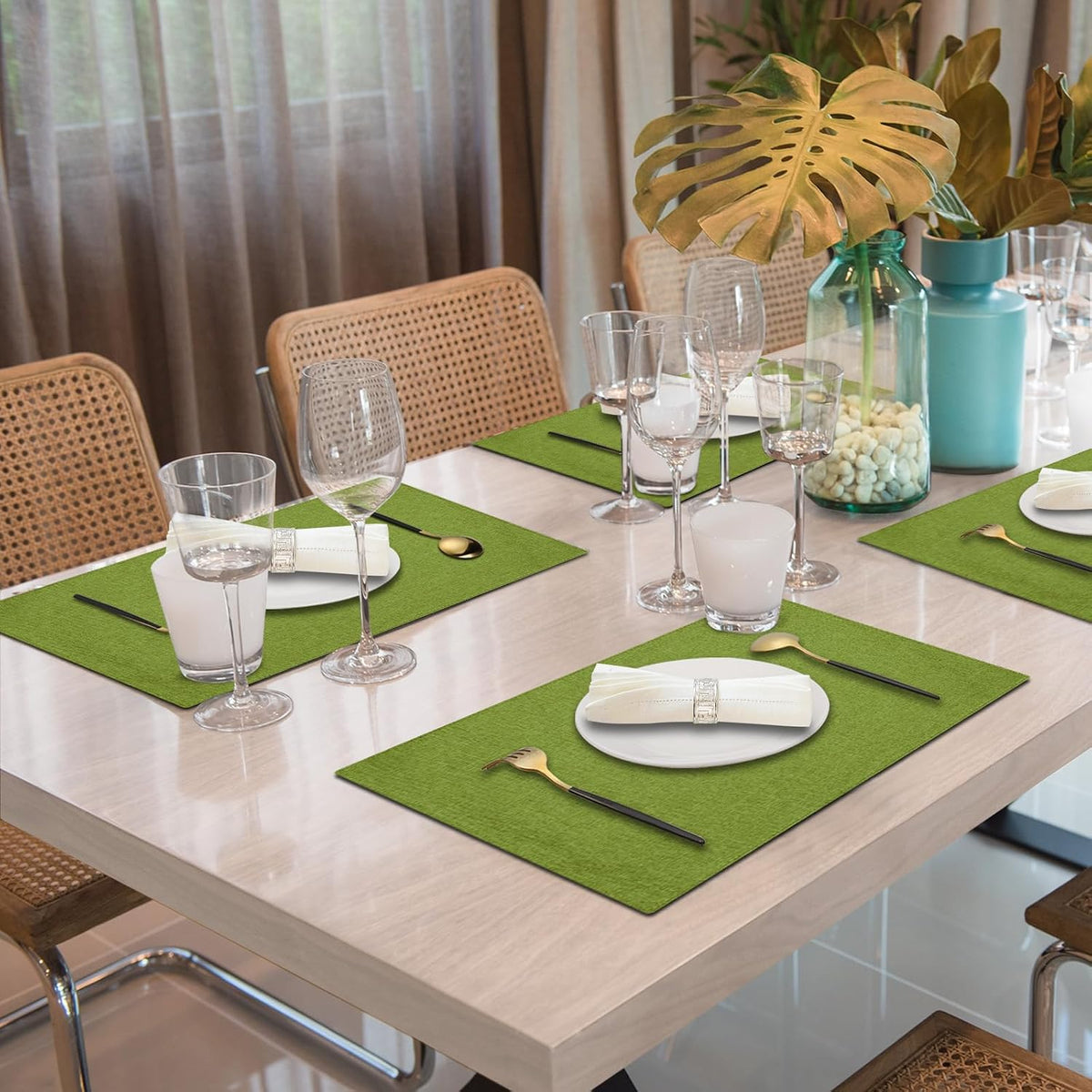 Cloth Placemats Set of 6, Cotton Linen Blend Place Mats, Grass Green | Machine Washable, Double Layered, Heat