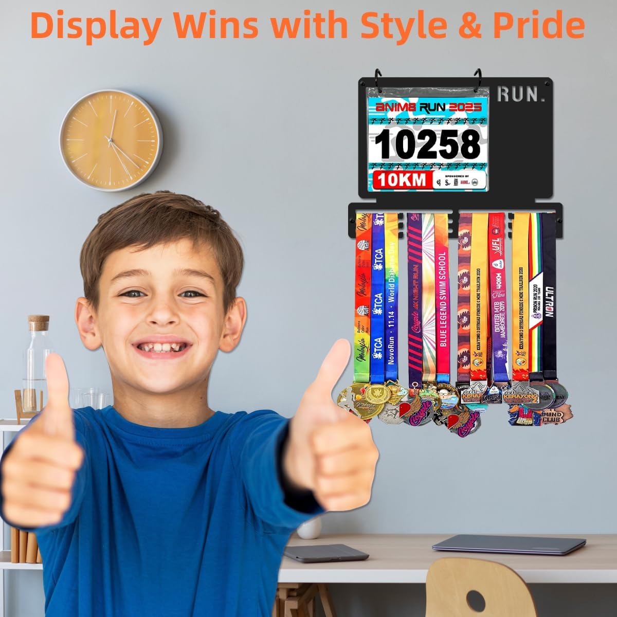 Race Bib & Medal Display Holds 45+ Medals 100 Bibs | 16" Metal Marathon Running Race Medal Hanger Display, 12 Bib
