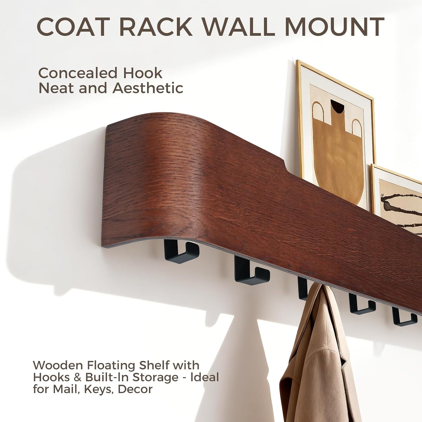 Shelf Entryway Shelf Modern Key Holder Hanger Wall Shelves / Walnut Color / 5 Hooks