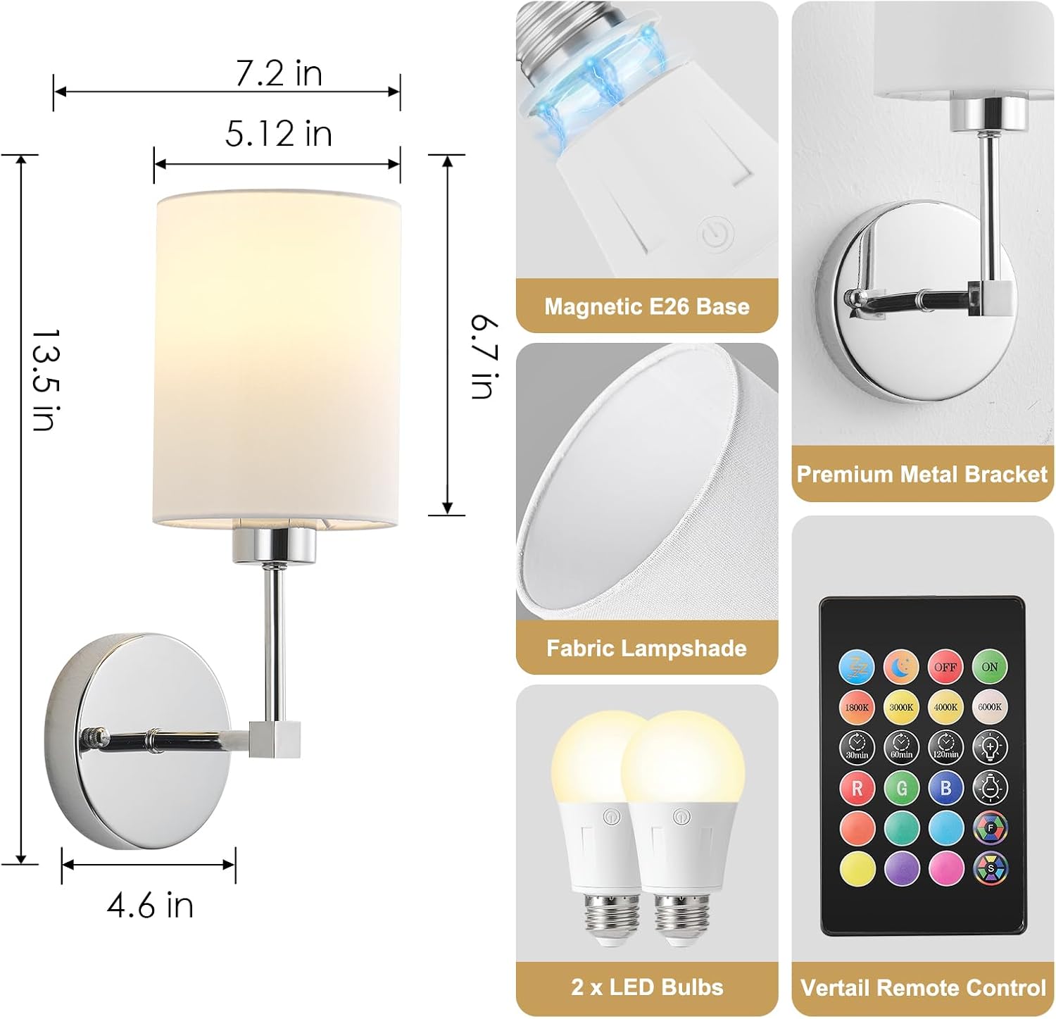 KARTOOSH Battery Operated Wall Sconce Set of Two, Dimmable 4CCT, RGB, Timer | Rechargeable Wireless Wall Decor Light