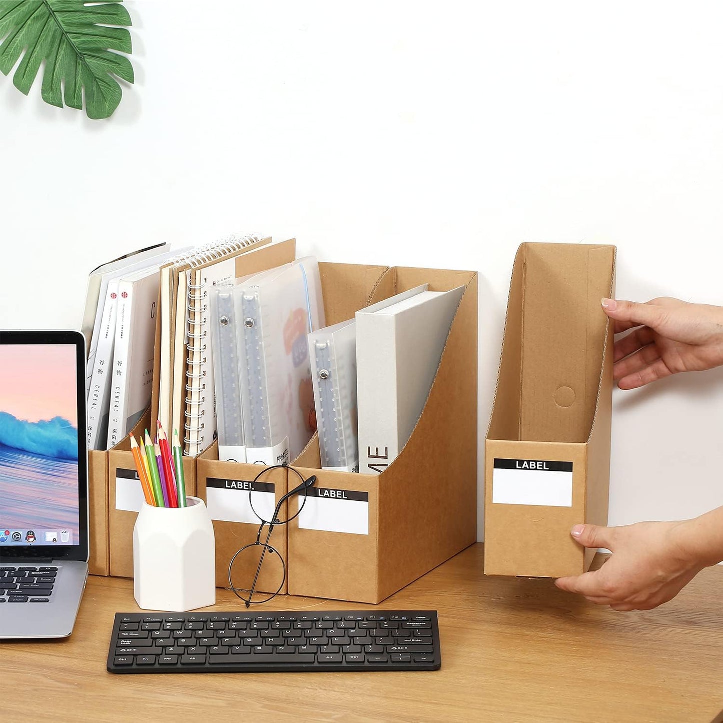 Foldable Desk File Holder Organizer Sturdy Cardboard Magazine Storage Box Document Rack with Blank Label Stickers for